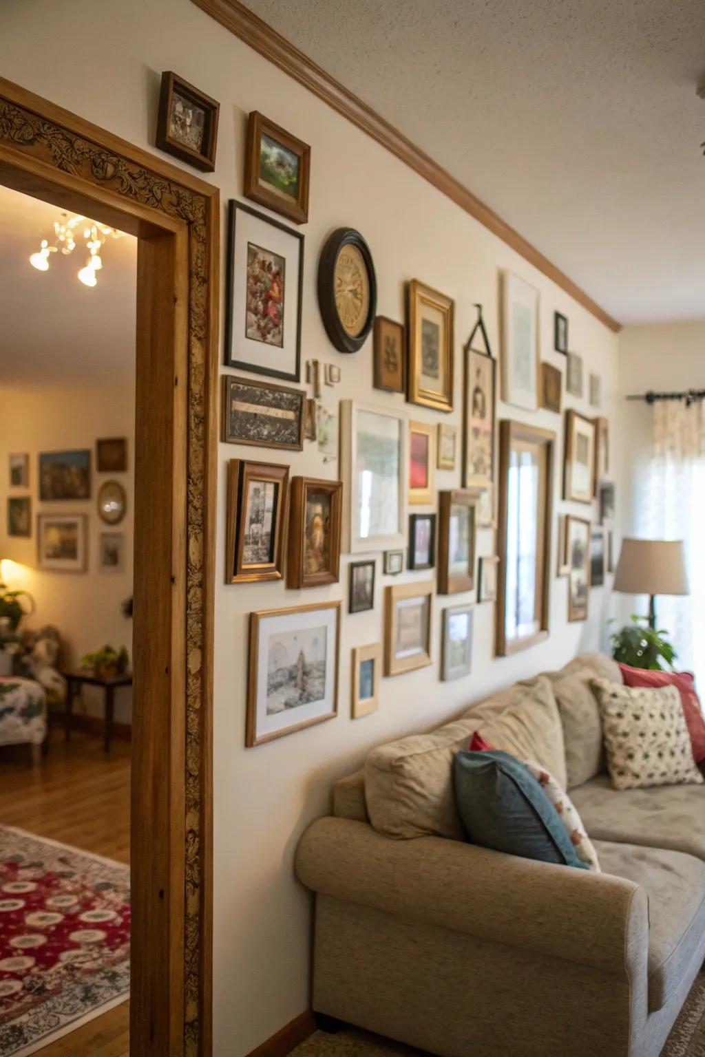 A welcoming feature wall shows off art, photos and looking glasses.