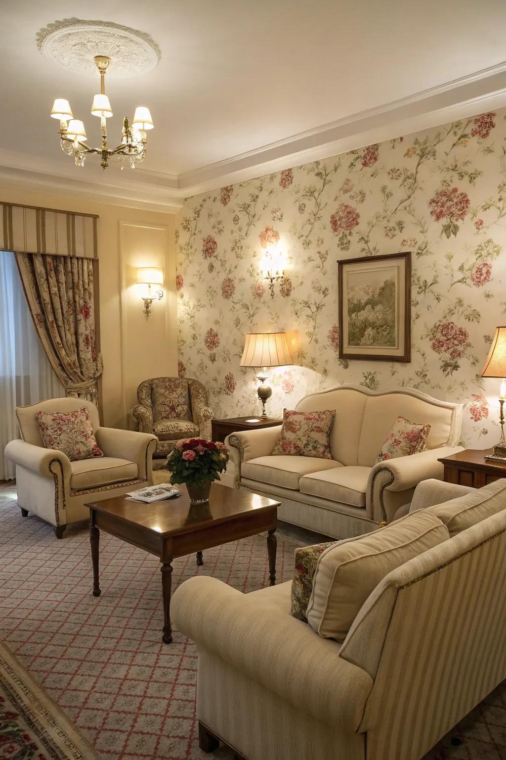 Refined flower artwork wallcovering adds sophistication to a living room.