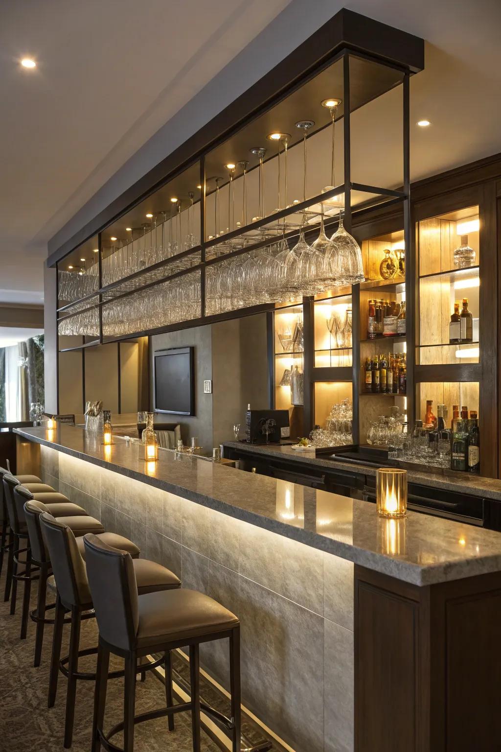 Affectionate illumination imparts a snug glow to a modern home bar.