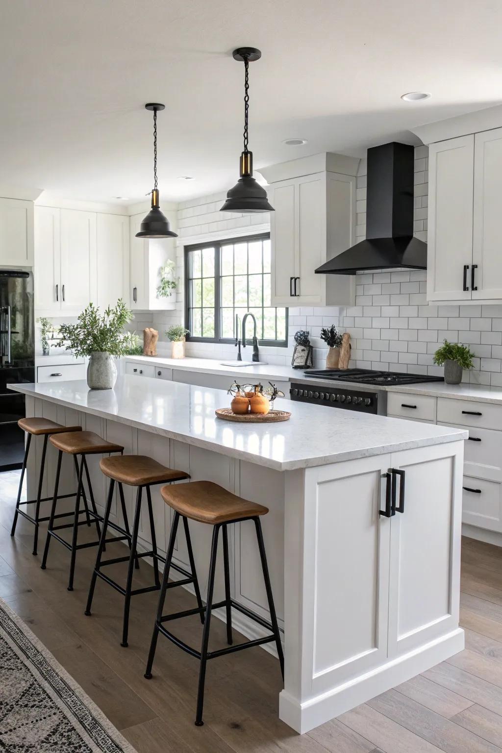 Strong dark features boost the kitchen's sleek design.