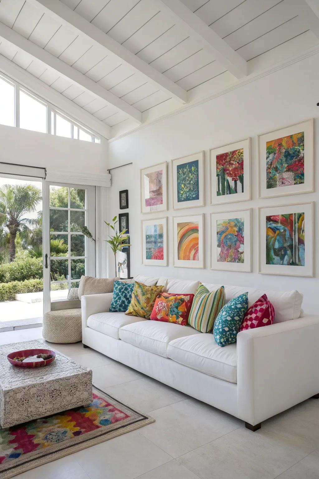 Lively artwork and vivid cushions infuse personality into a white lounge.