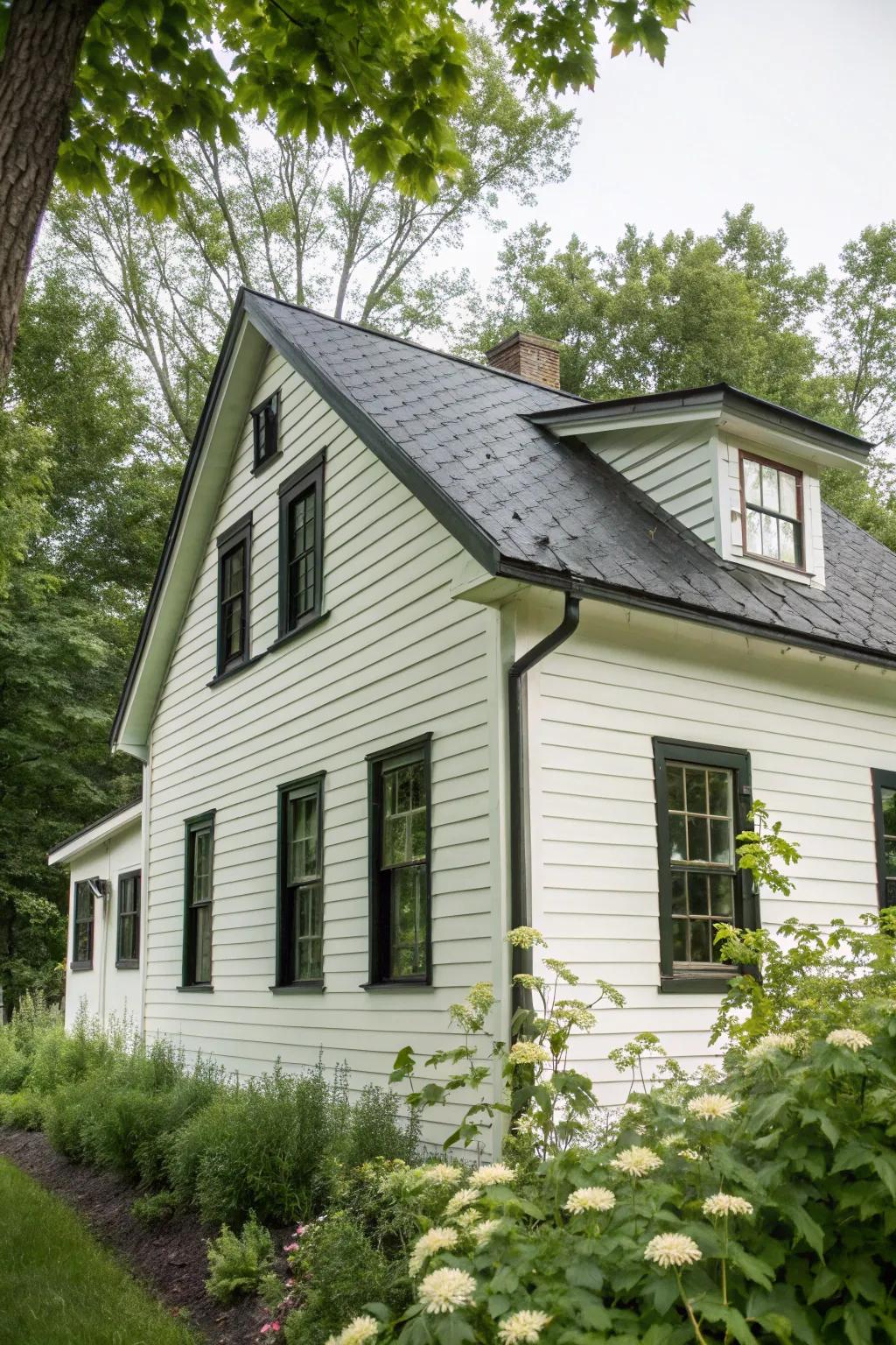 An up-to-date white house front featuring a striking shade roof and window casings.