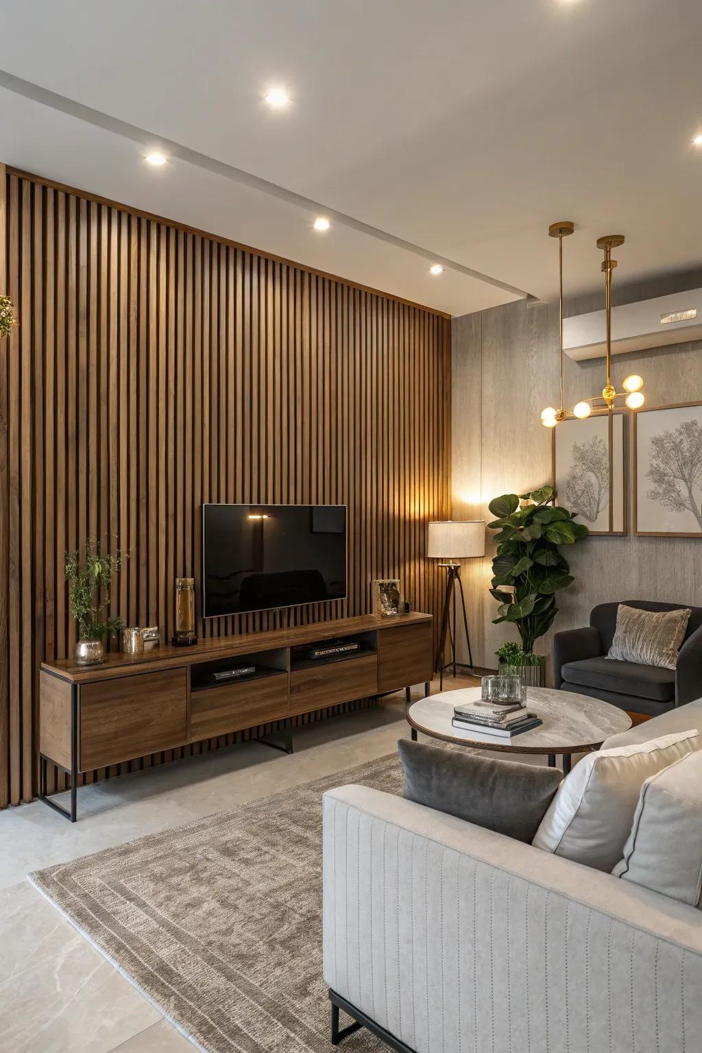 Elevate your living room by featuring a vertical wood slat wall that brings a sense of height and sophistication.