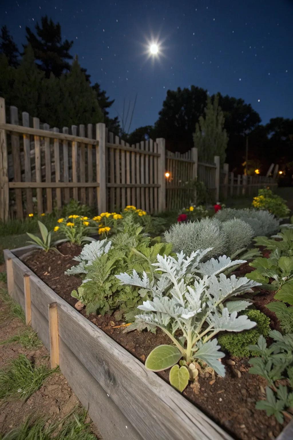The silvery foliage of plants like Silver Sage and Rabbit's Ear amplifies the mystical feel.
