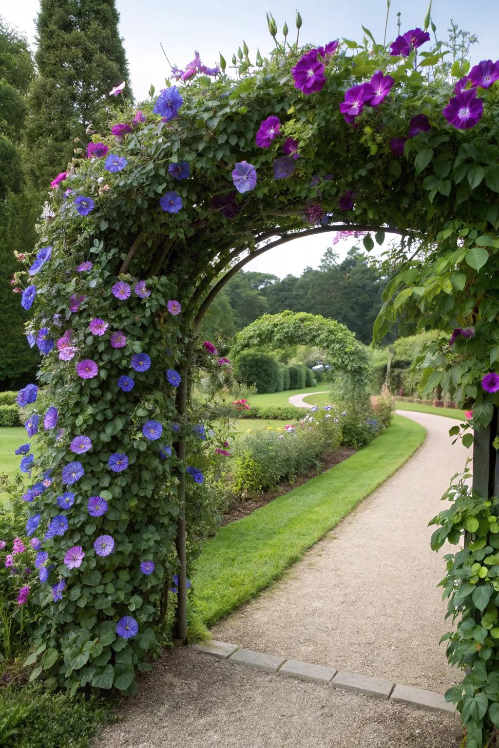 A garden archway embellished with lush Heavenly trumpets.