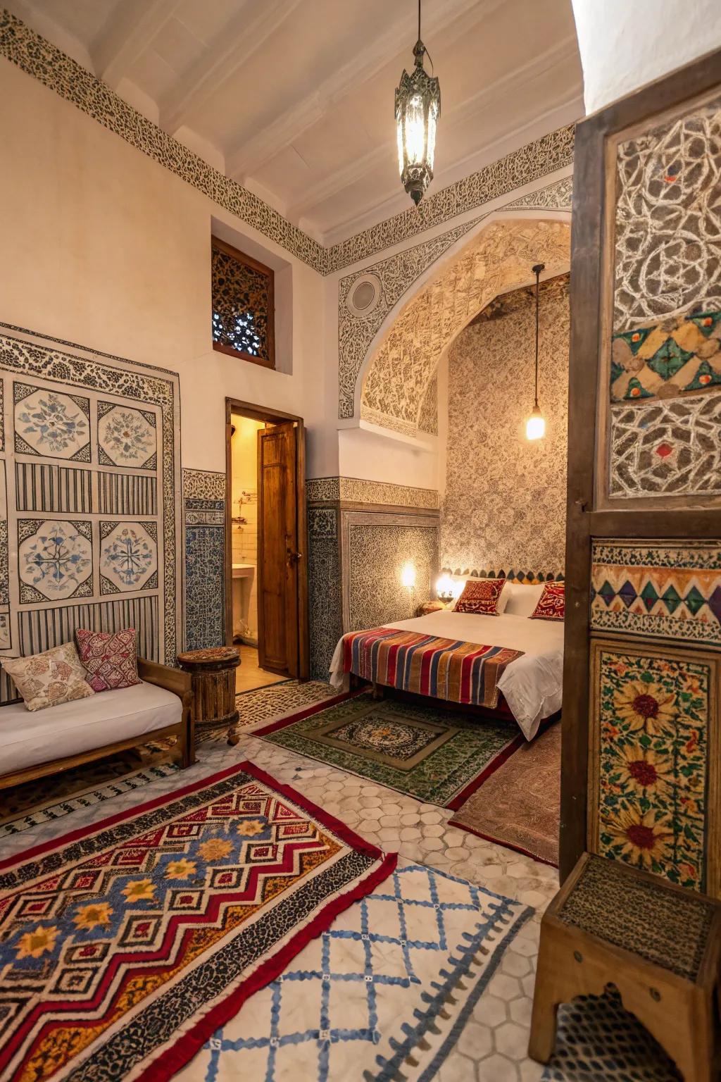 Geometric patterns forge a cultural masterpiece in your bedroom décor.