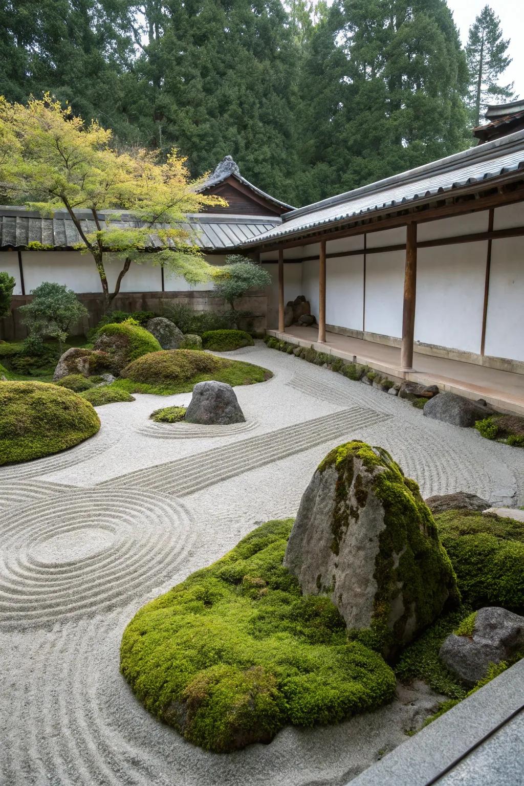 A peaceful meditation garden showcasing algae stones and artistic sand patterns.