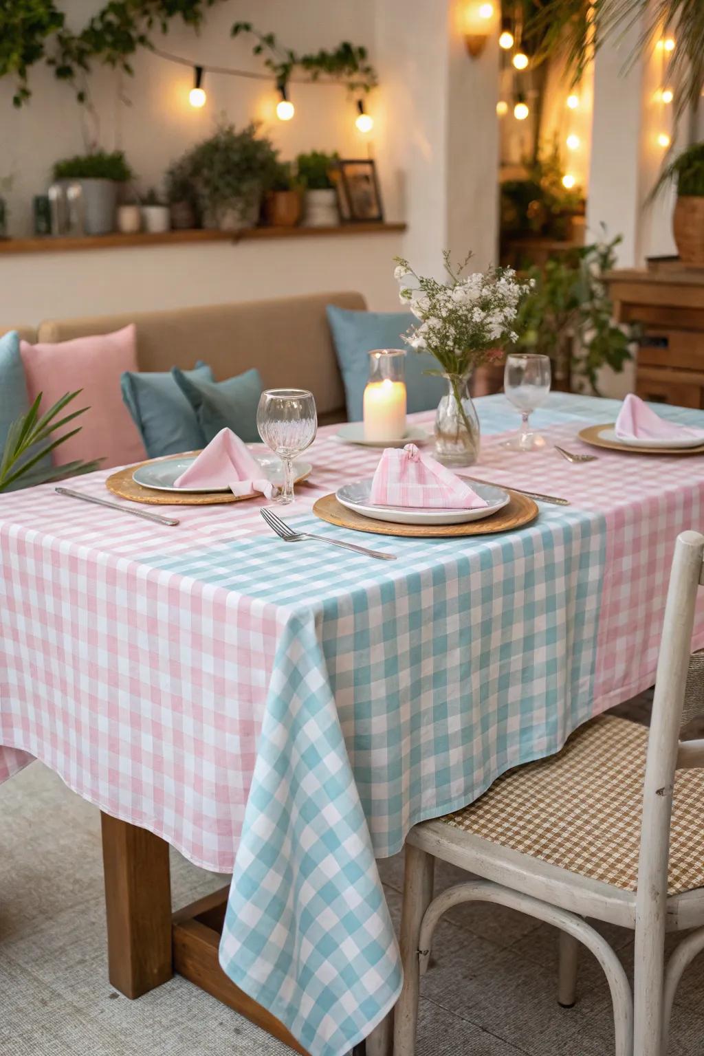 Delicate pastel table linens cultivate a welcoming atmosphere.