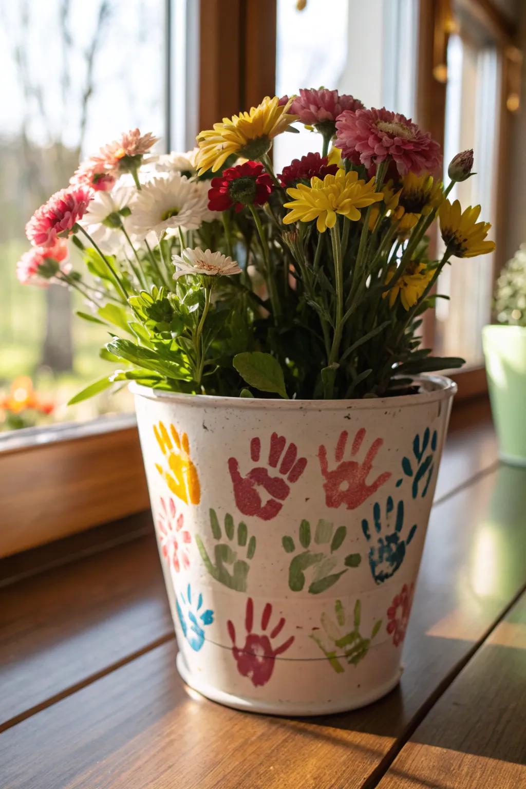 A flower pot embellished with the handprints of children.