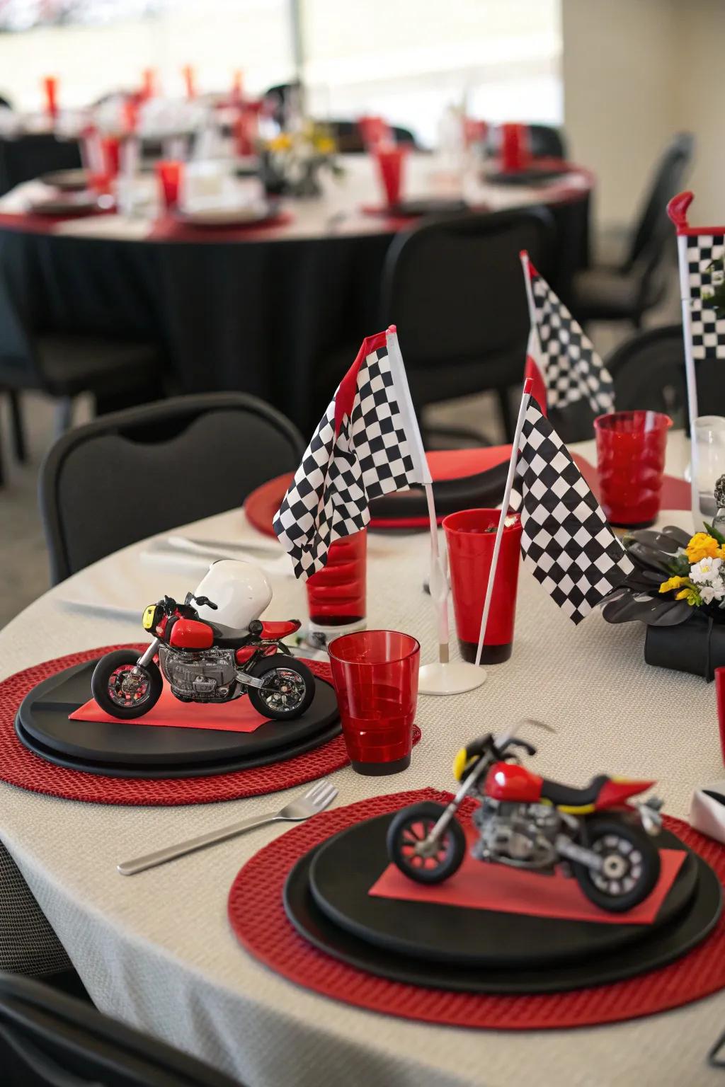 A moto-themed tablescape accentuated with bold colors.