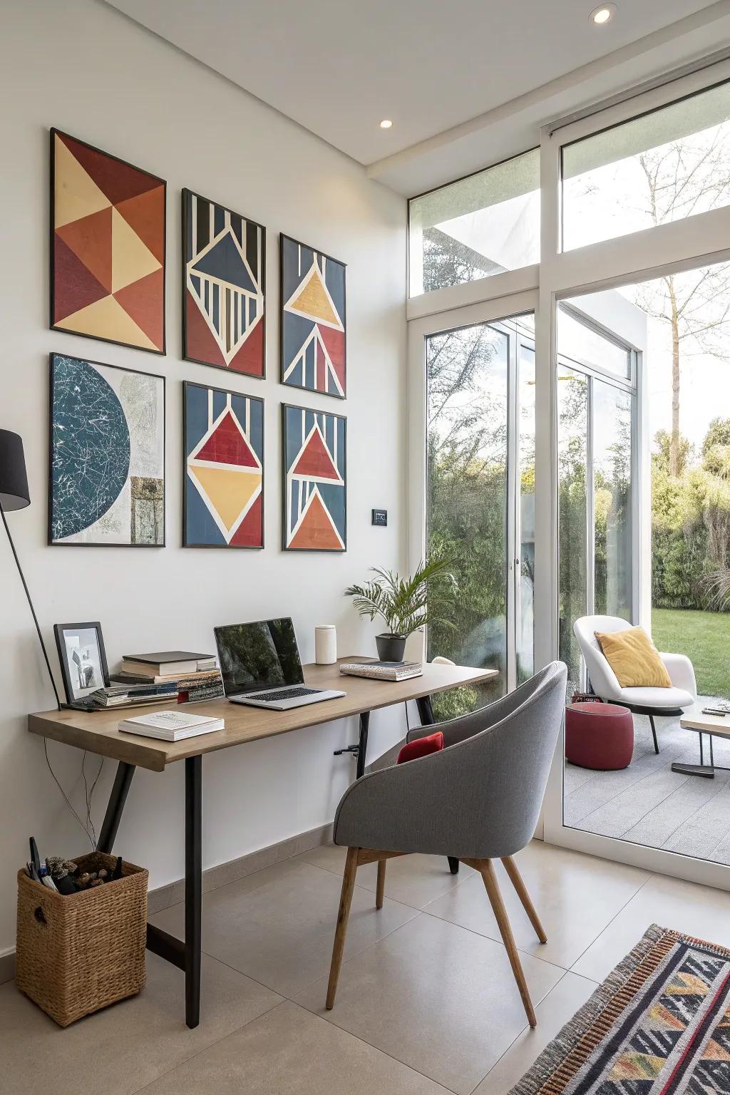 A captivating geometric multi-canvas design injecting dynamism and flair into a contemporary office setting.