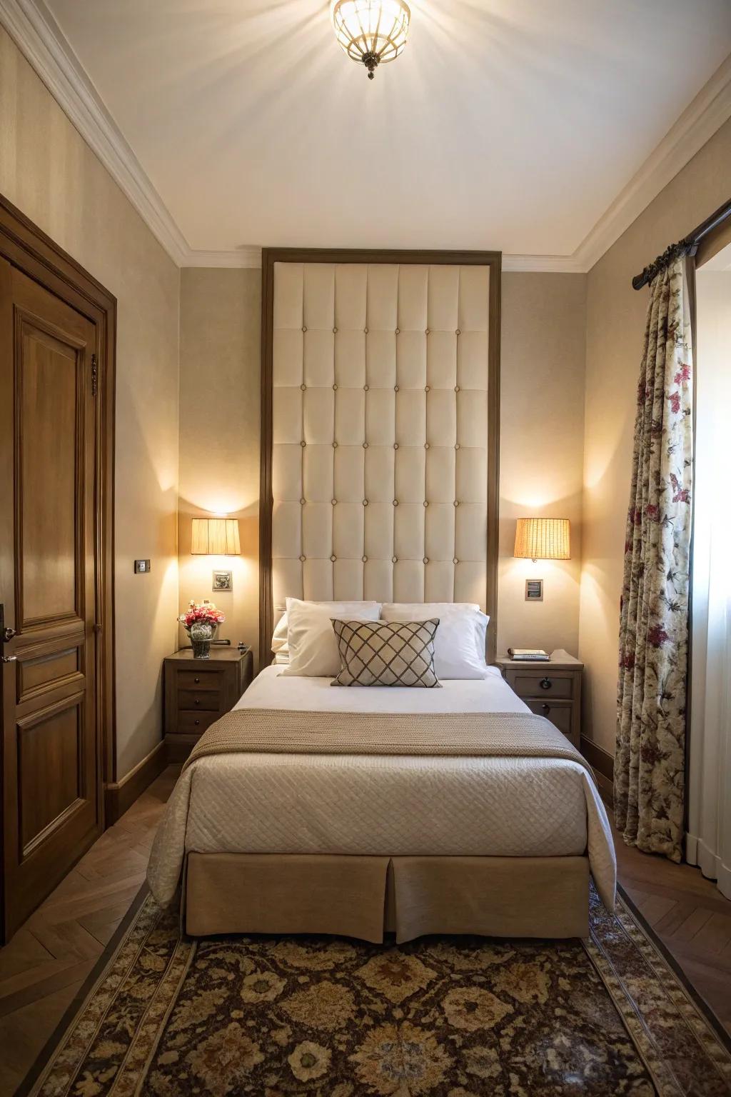A tall headboard introduces vertical appeal and enhances the perception of space in a narrow room.