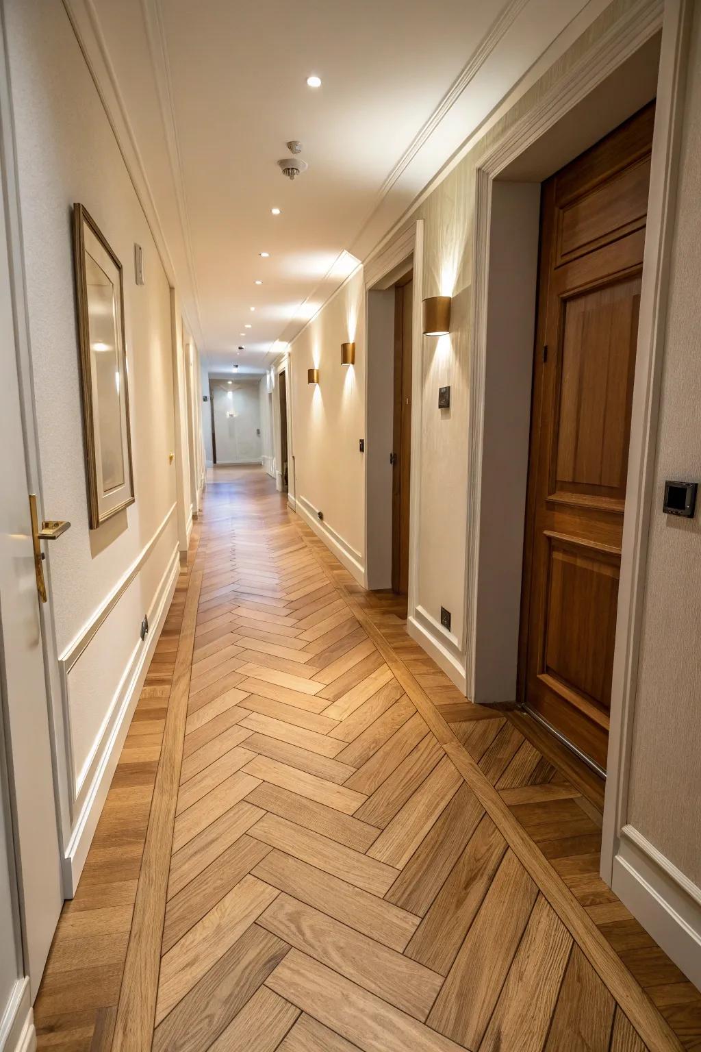 Herringbone wood paneling elevates the elegance of your hallway.