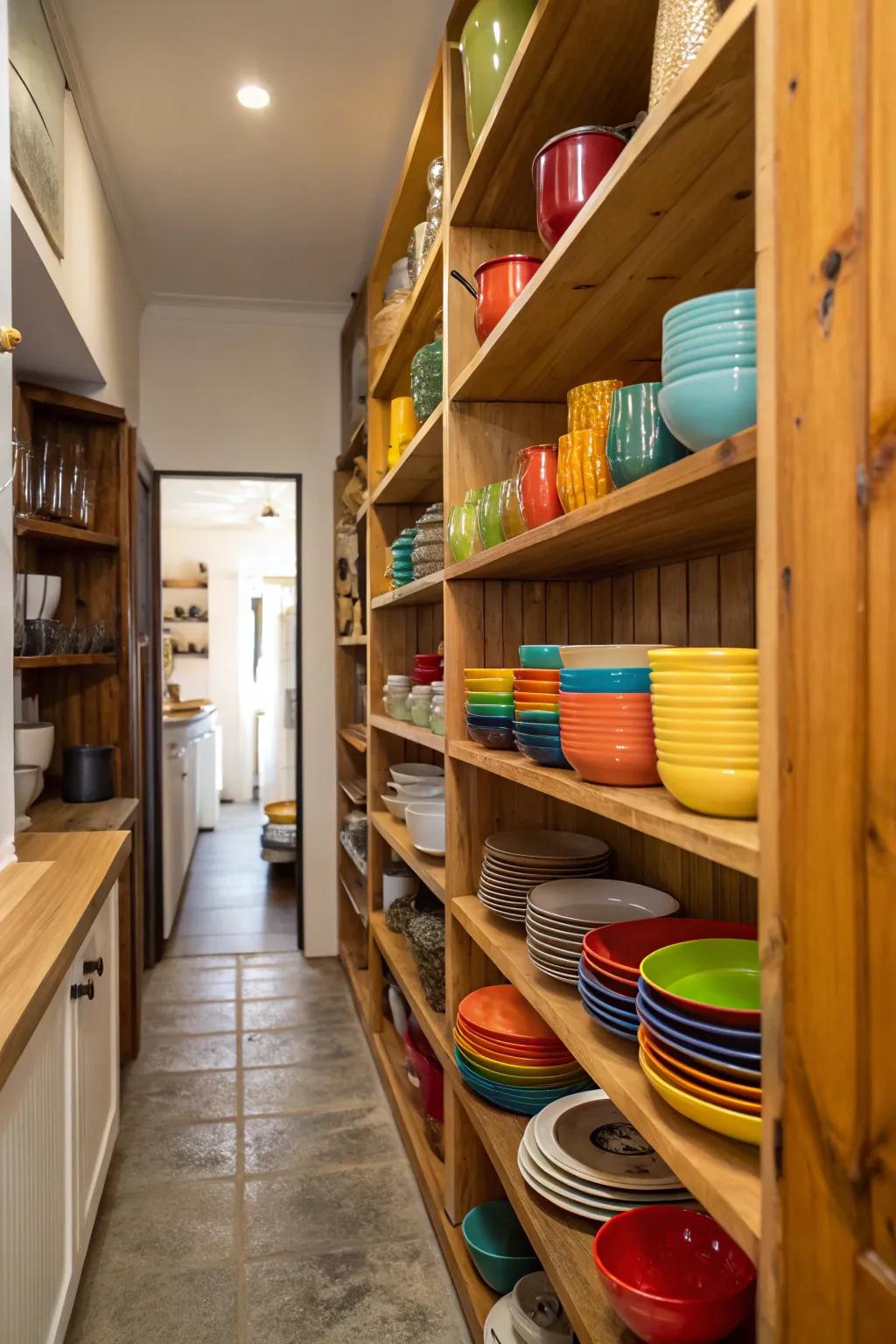 Open shelving includes both purpose and flair to a narrow kitchen.
