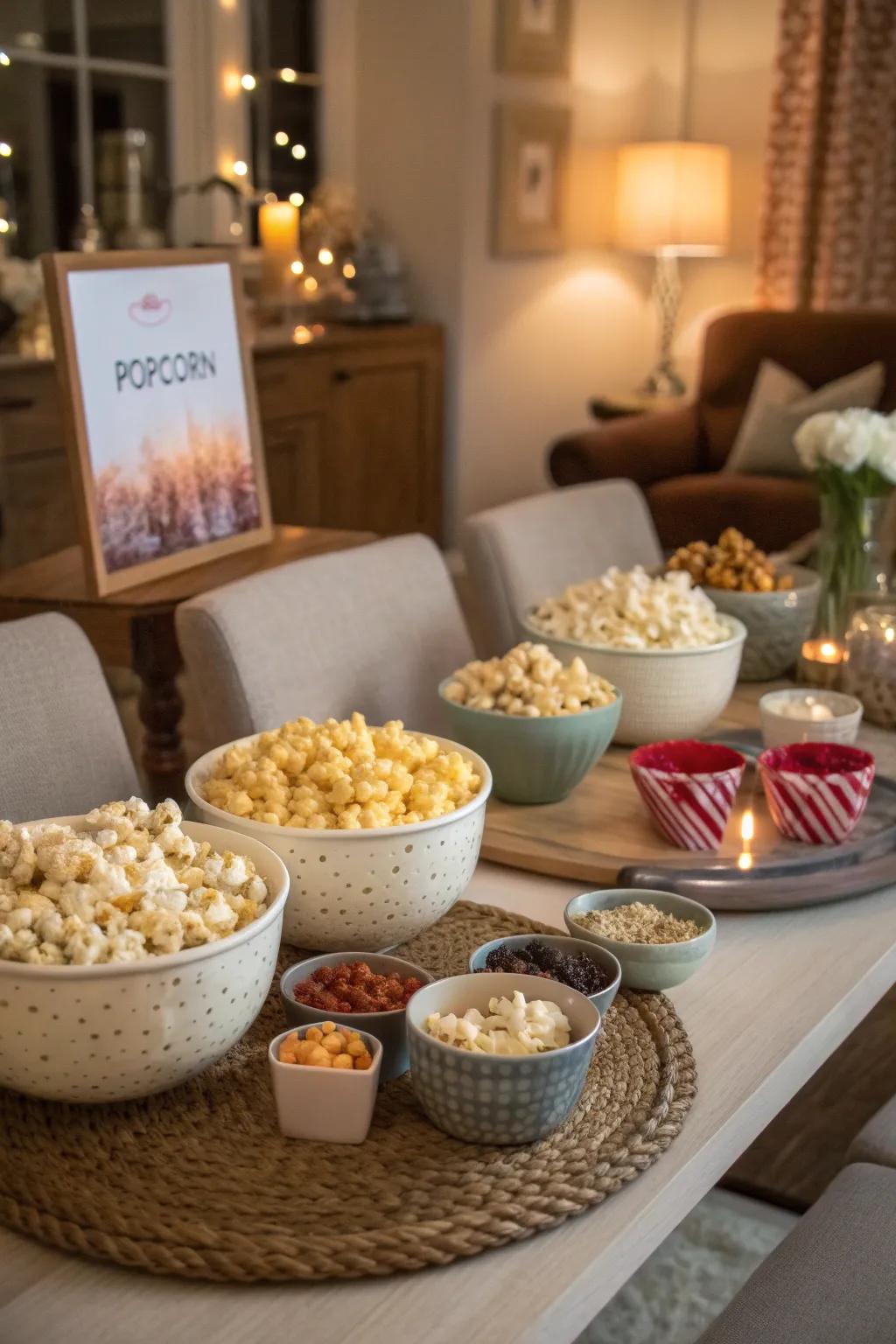 A table arrangement for a popcorn sampling gathering featuring a range of flavors.