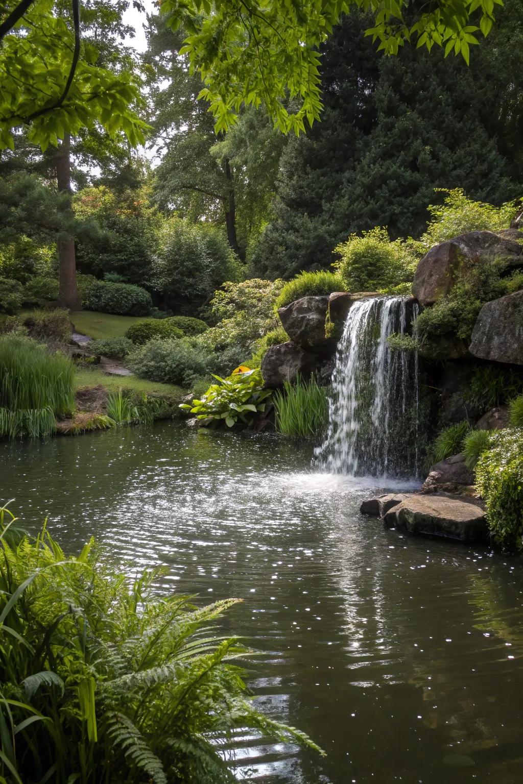 A gentle cascade enhances activity and melody to a tranquil water garden setting.