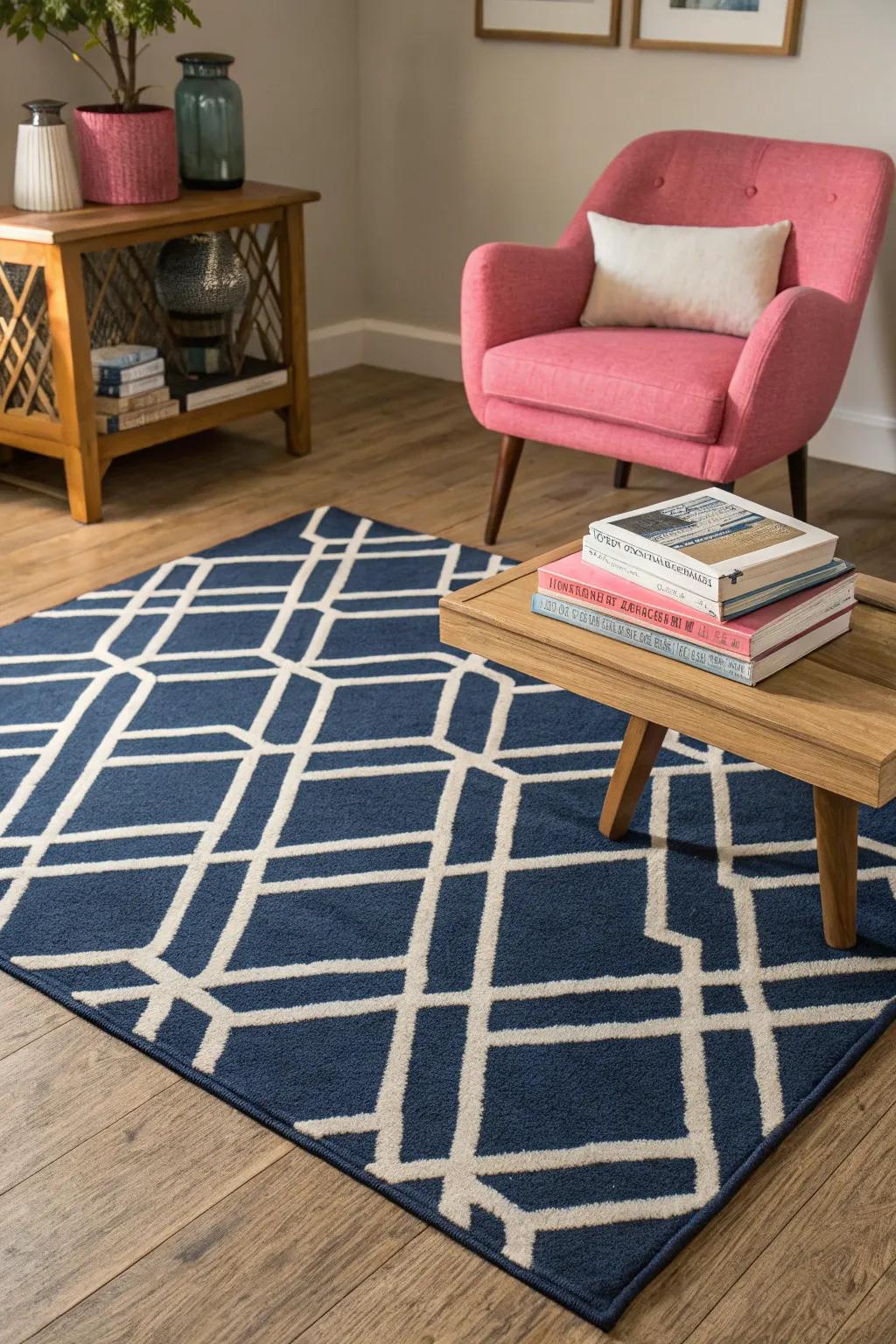 Patterned textiles bring dimension and tactile appeal to a sapphire and rose palette.