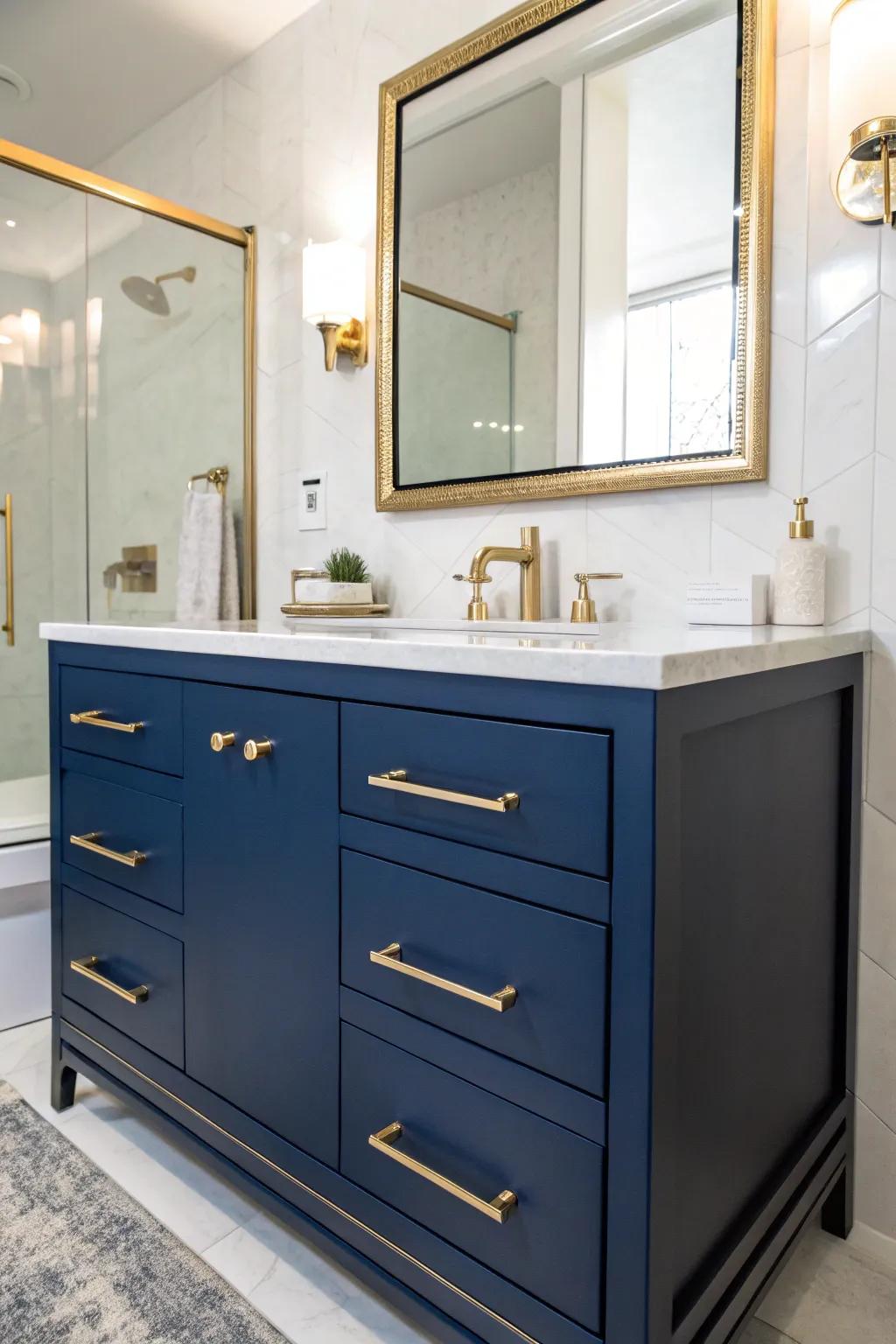 Gilded details amplify the elegance of the cerulean washstand.