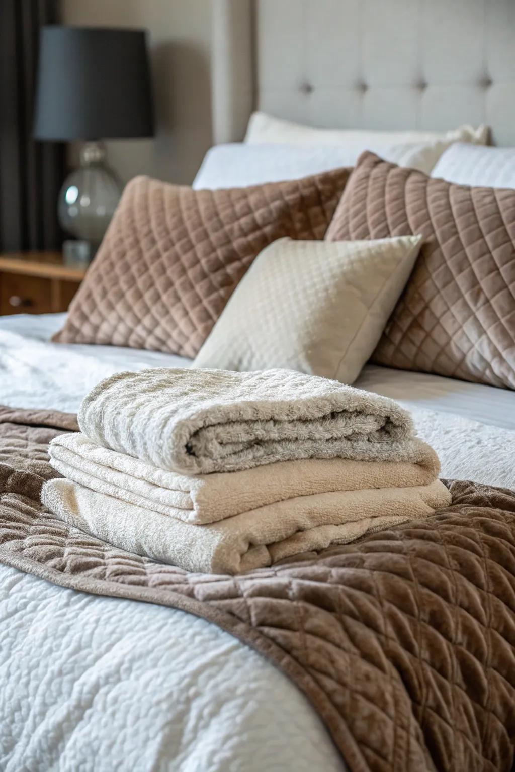 Layered textured bedding creates an inviting and cozy ambiance.