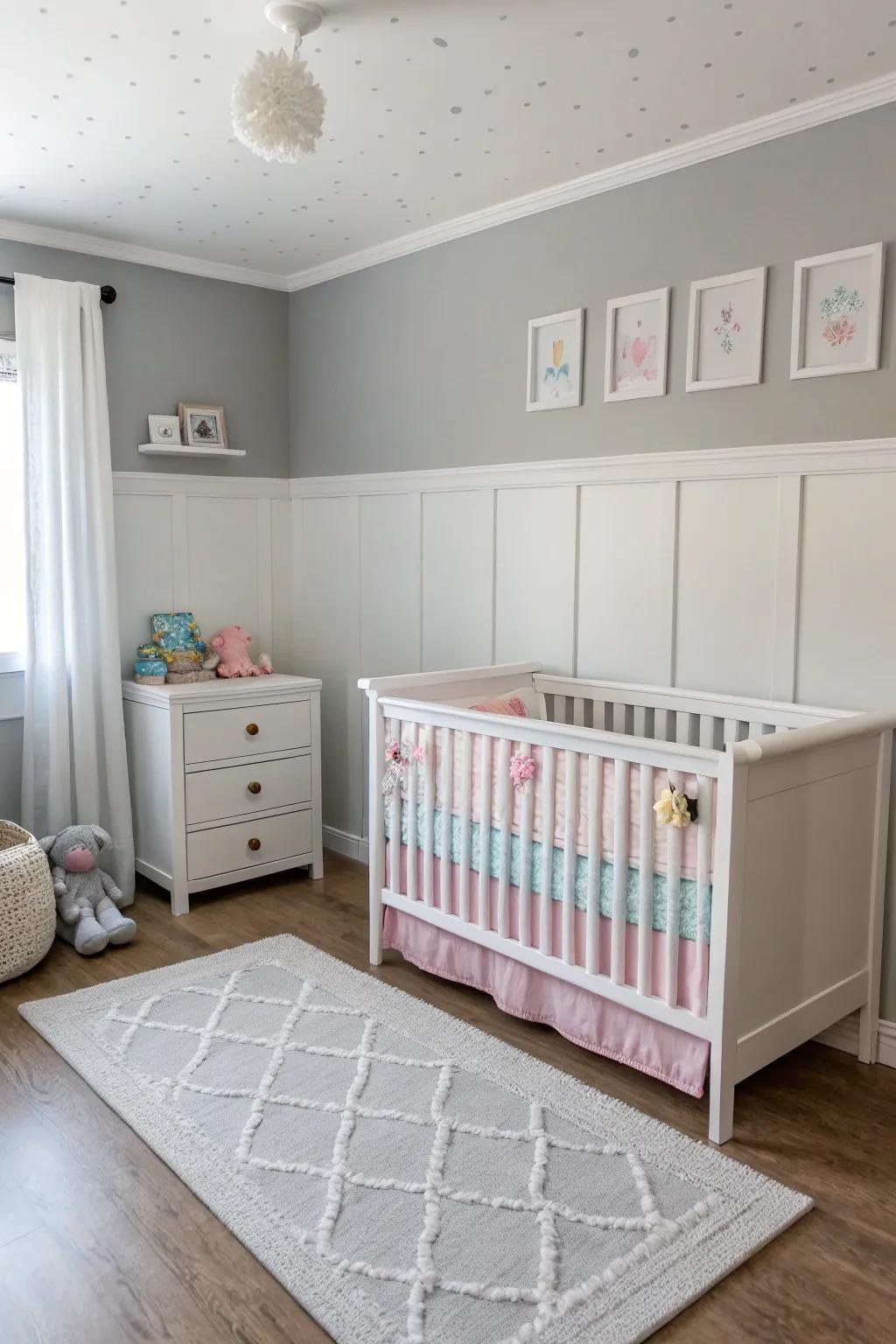 A contemporary nursery featuring light silver walls.