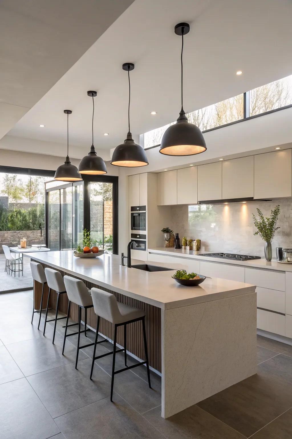 Drop lights adding a modern touch to the kitchen.