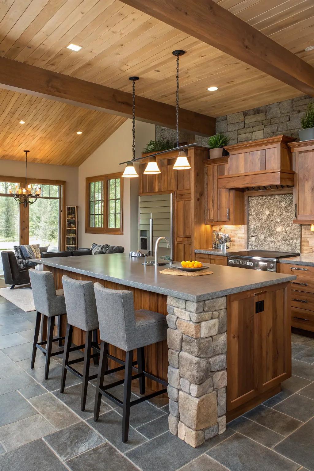 An eye-catching kitchen island blending wood and stone, delivering both aesthetic appeal and usability.