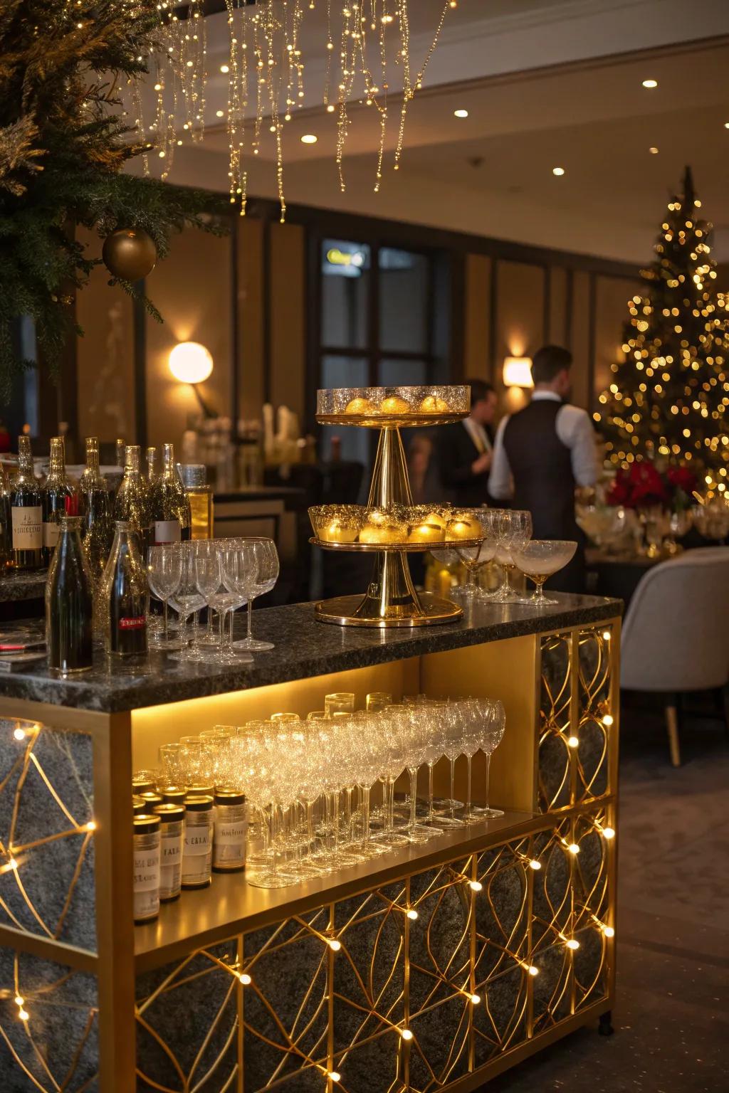 A chic sparkling wine station brings a touch of elegance to any New Year's Eve festivity.