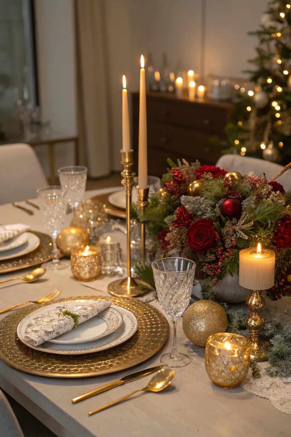 Achieve a refined tablescape with touches of metallic detail.