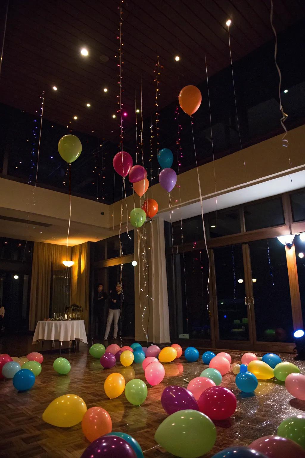 Savor the delight of a balloon torrent as the clock strikes twelve.