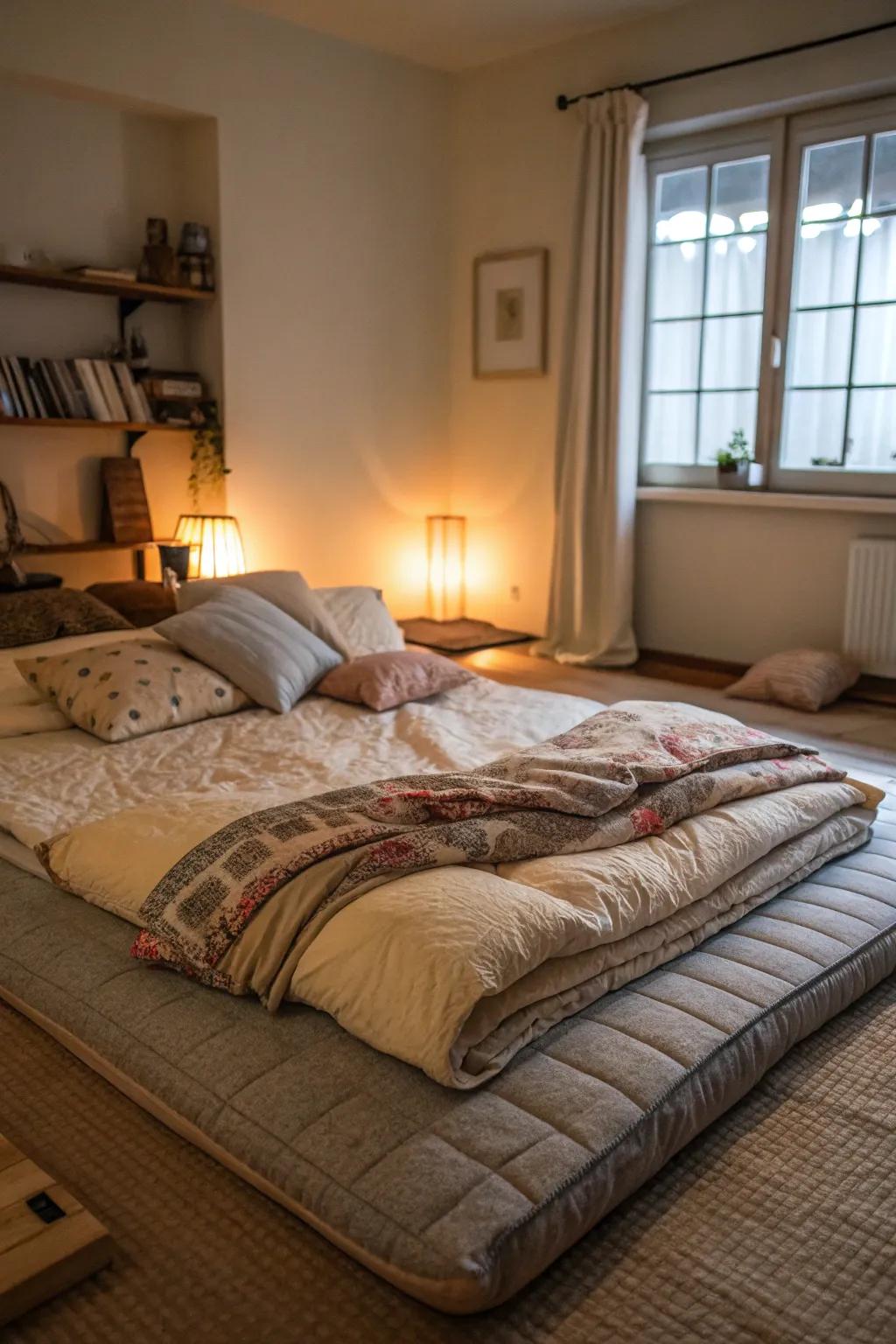 The use of tiered layers of bedding establishes an embracing, snug setting.