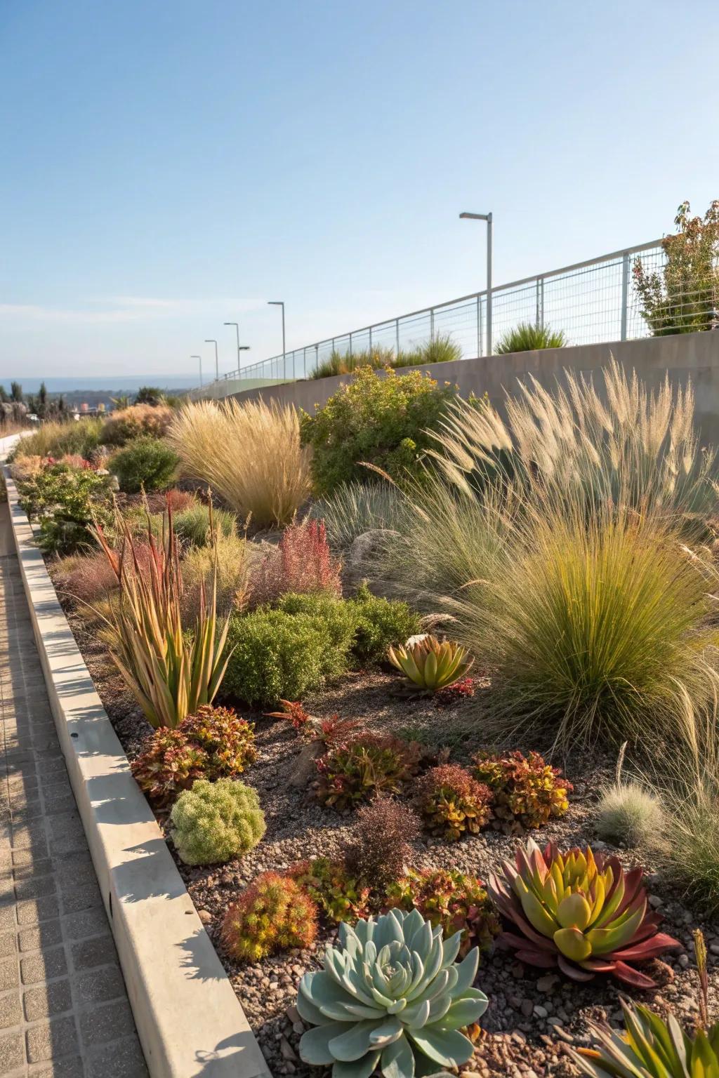 A striking display of drought-resistant succulents and grasses.