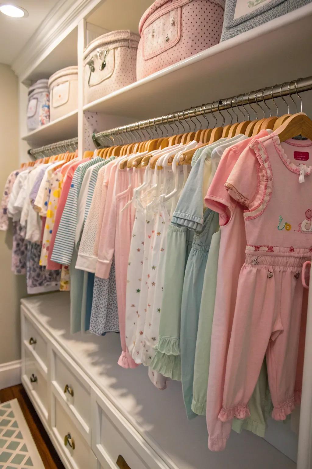 Beautifully organized baby garments in a nursery wardrobe.