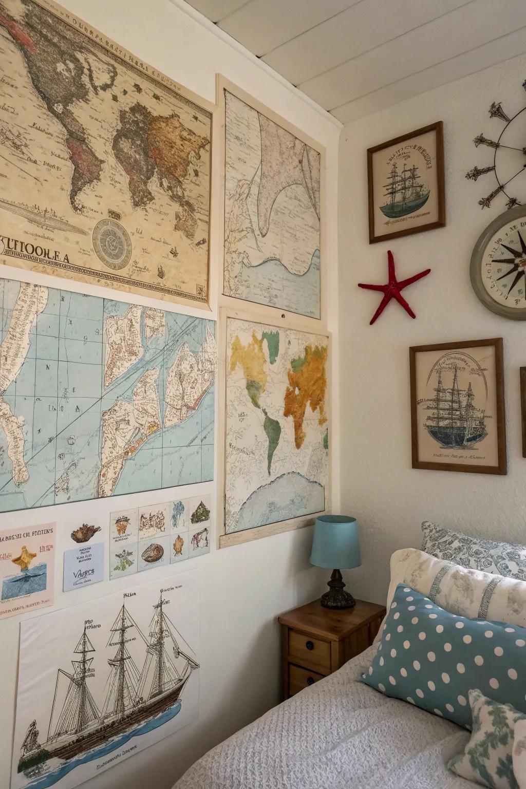 Nautical maps and marine art bring the maritime realm to your bedroom walls.