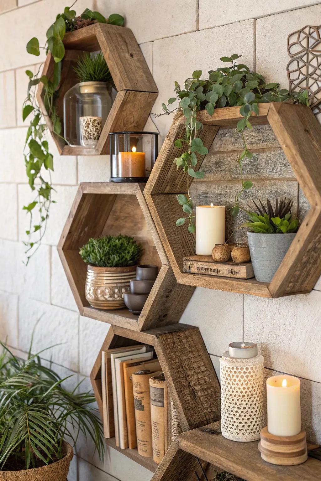 Untreated timber eight-sided displays beautifully complement countryside-inspired decor.