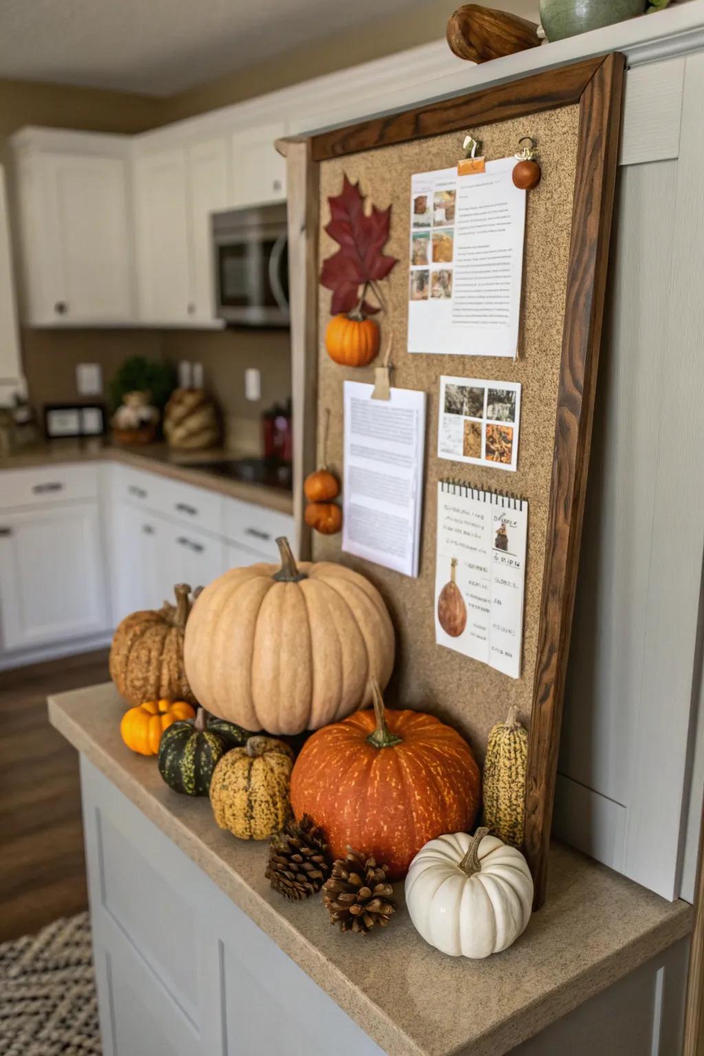 A nook display board in the kitchen styled as a gourd garden.