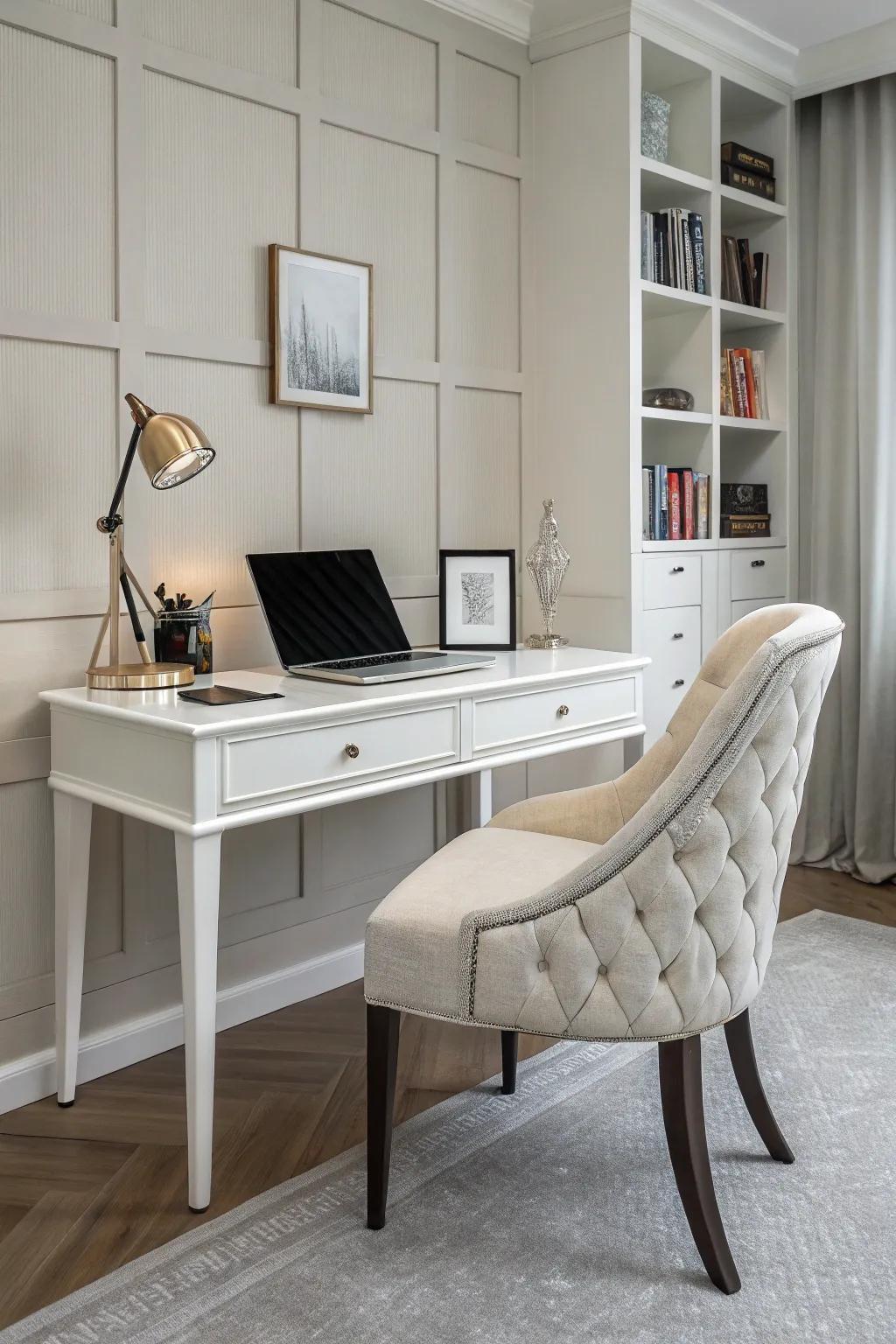 A streamlined desk paired with a stylish chair results in a contemporary and welcoming workspace.