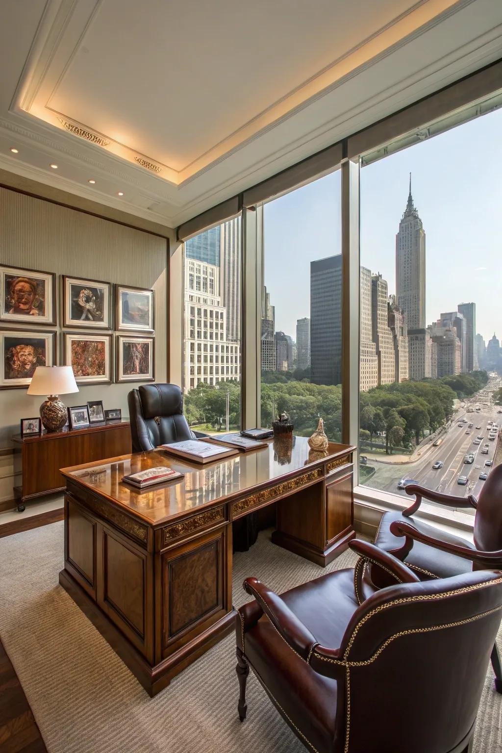 A private executive space featuring luxury elements and panoramic city views.
