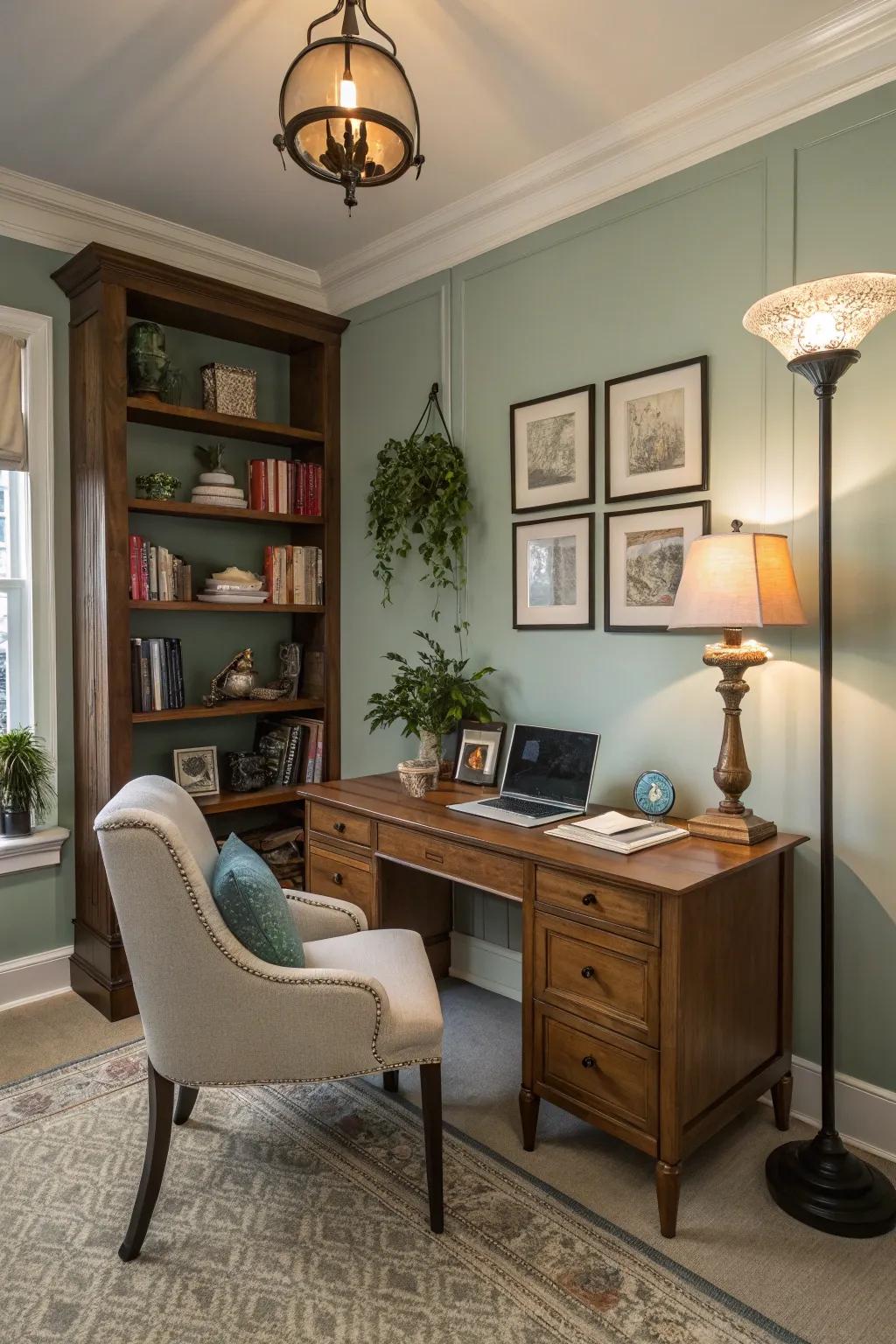 Cozy surround lighting turns a home office into a pleasant getaway.