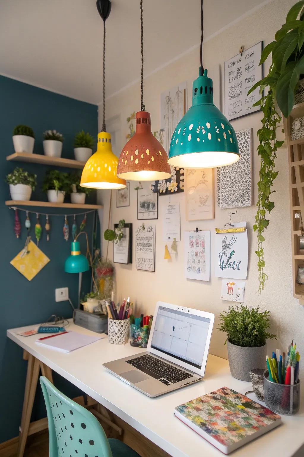 Use vivid hanging lights to include a burst of innovation to your office.