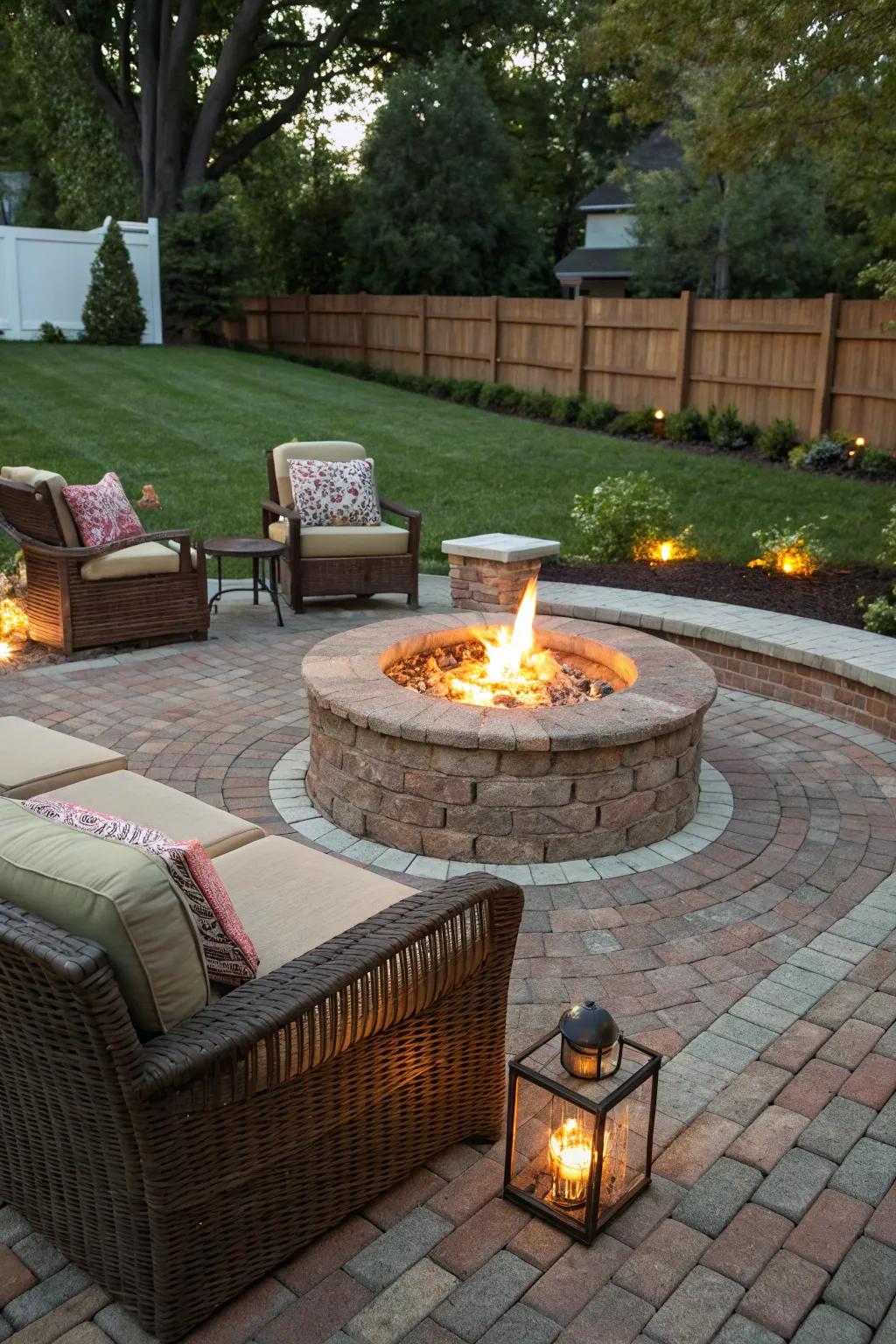 A cozy fire pit transforms this brick patio into an evening haven