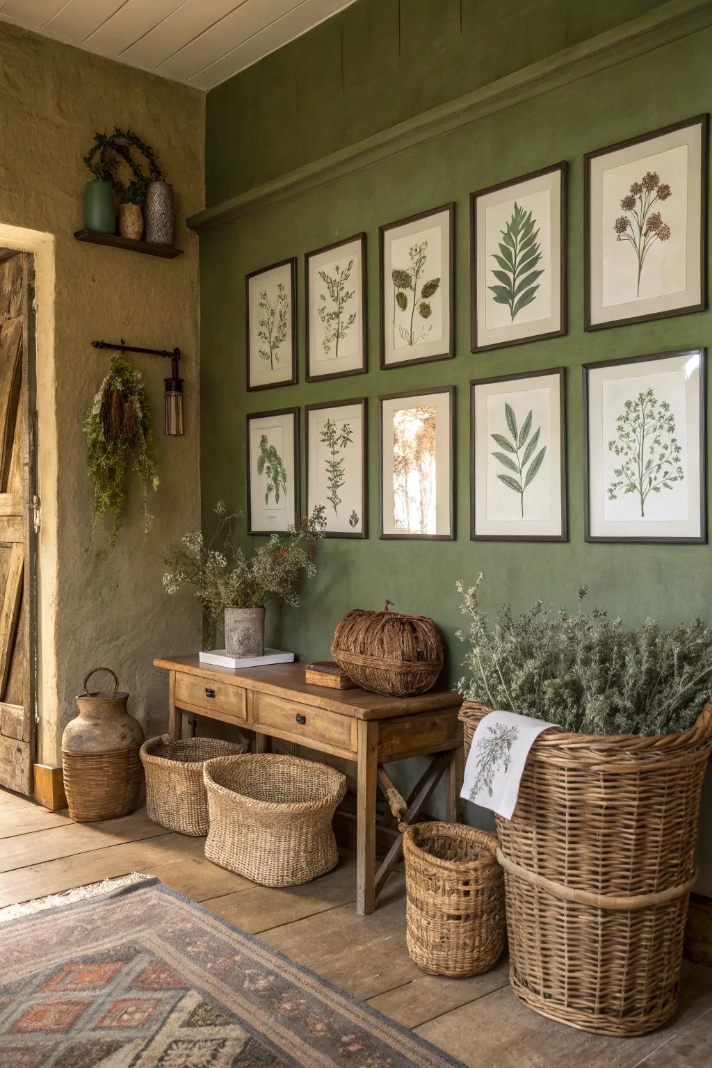 Art pieces and decor enhance leafy green walls with beauty.