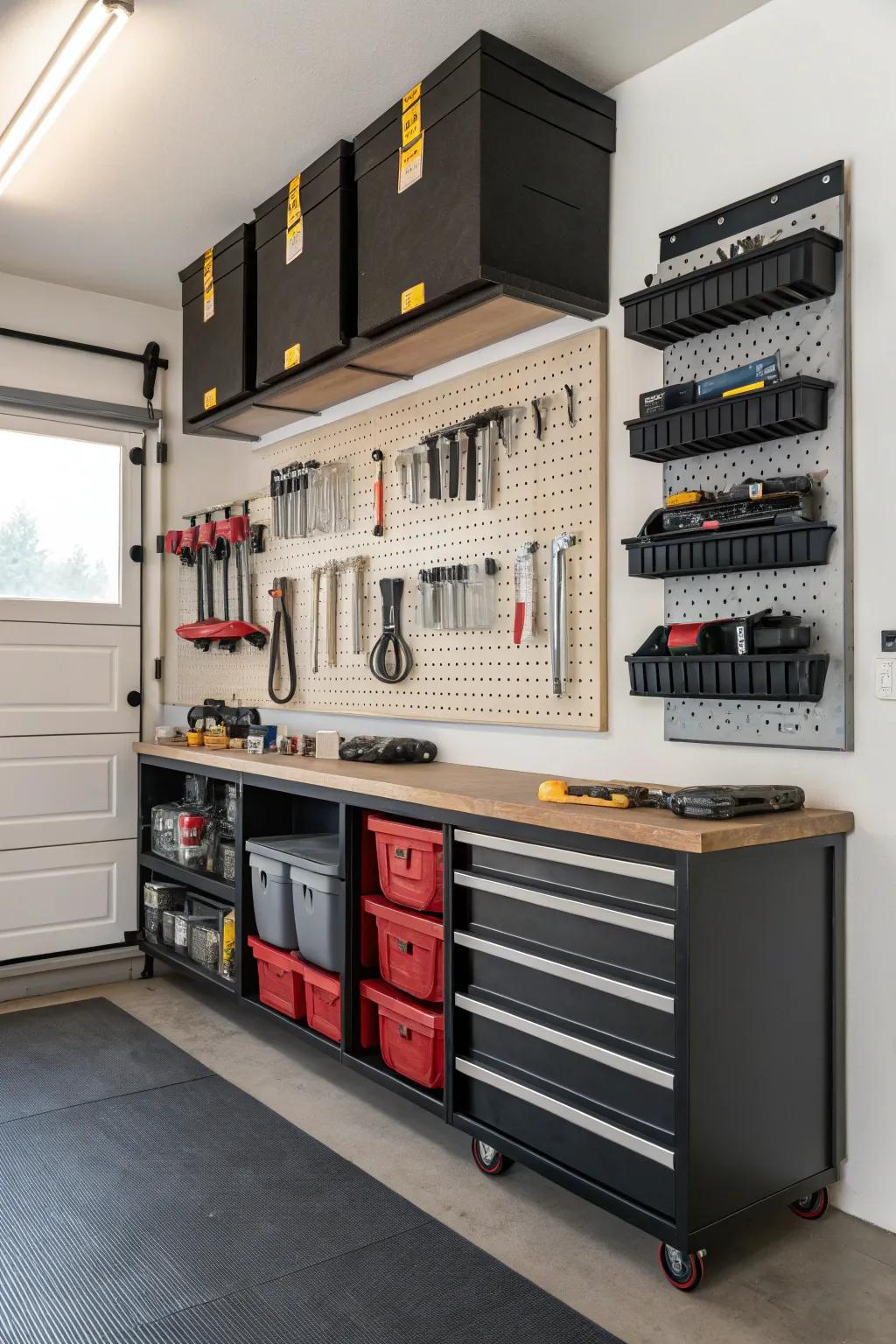 Wall-mounted shelves ensure your garage is neat and efficient.