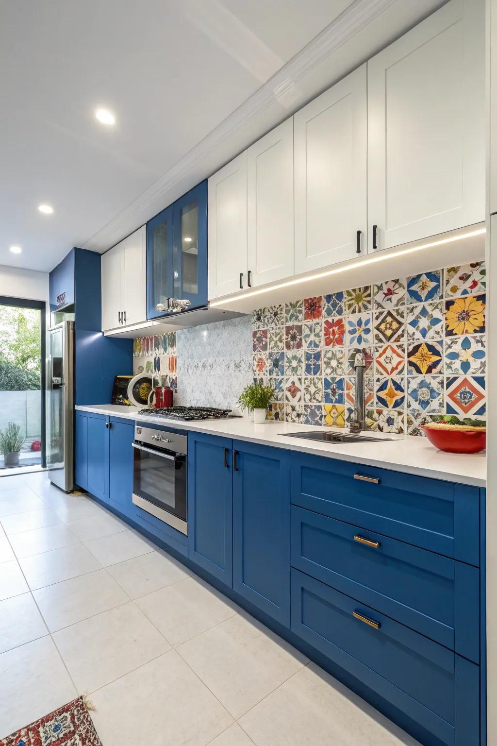 A galley kitchen where striking blue cabinets add vibrant energy.