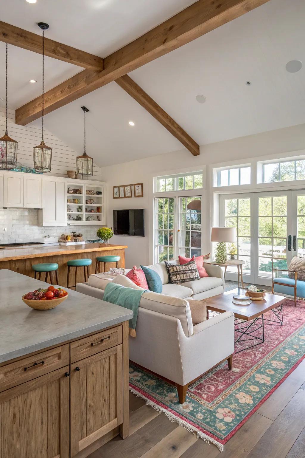 A harmonized color scheme in an open-concept area enhances unity and progression.