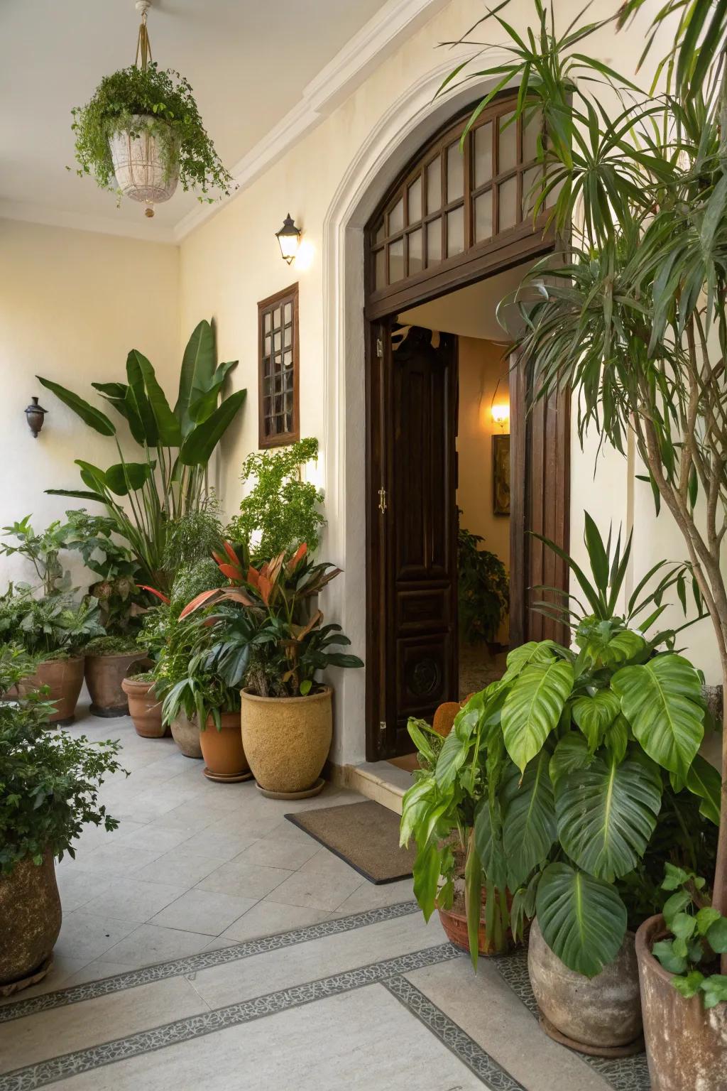 Greenery animates the foyer, rendering it fresh and welcoming.