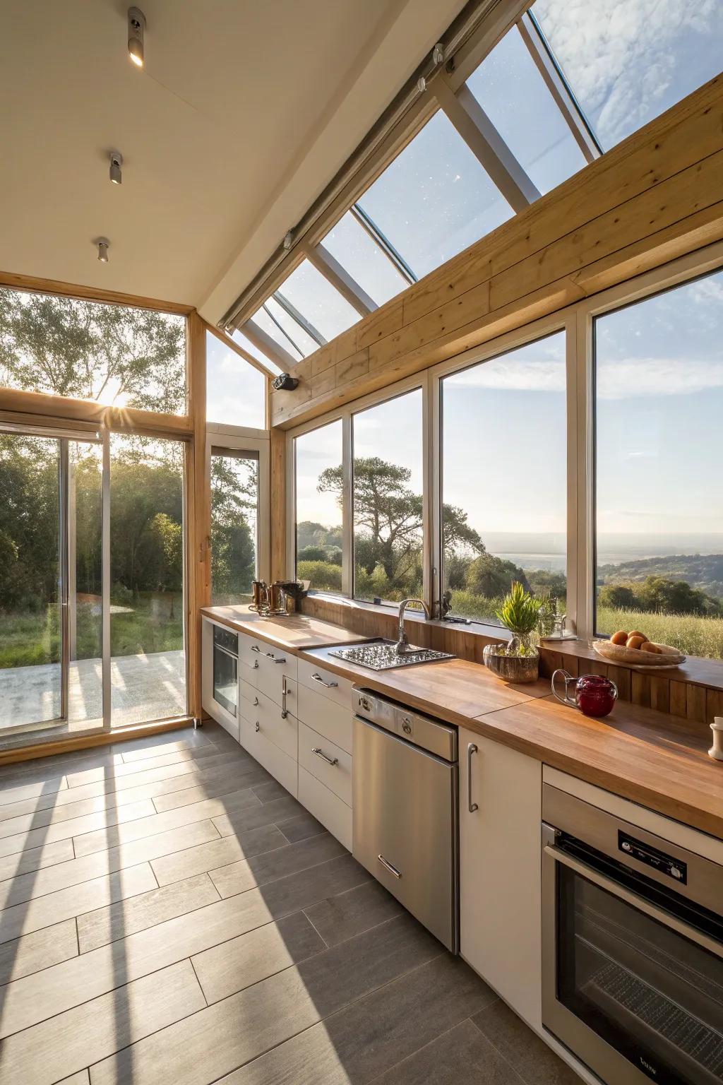 Sunlight cascades into an open kitchen through expansive windows.