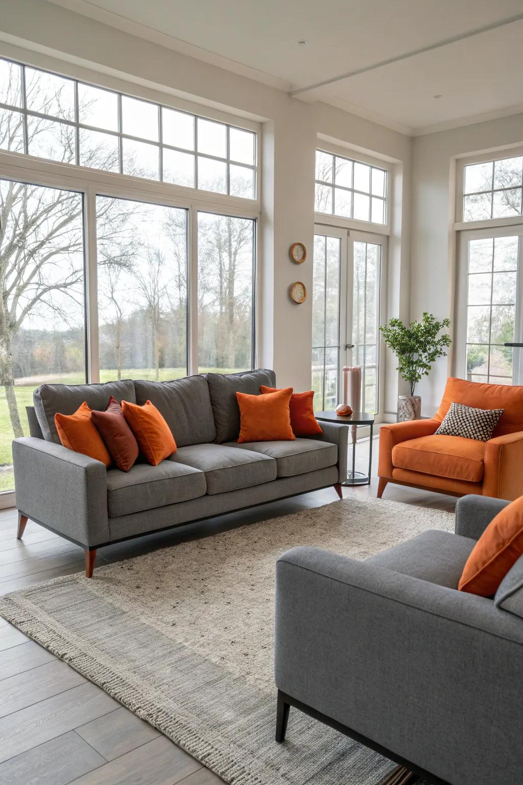 A well-balanced living room showcasing gray furnishings complemented by vivid orange pillows.