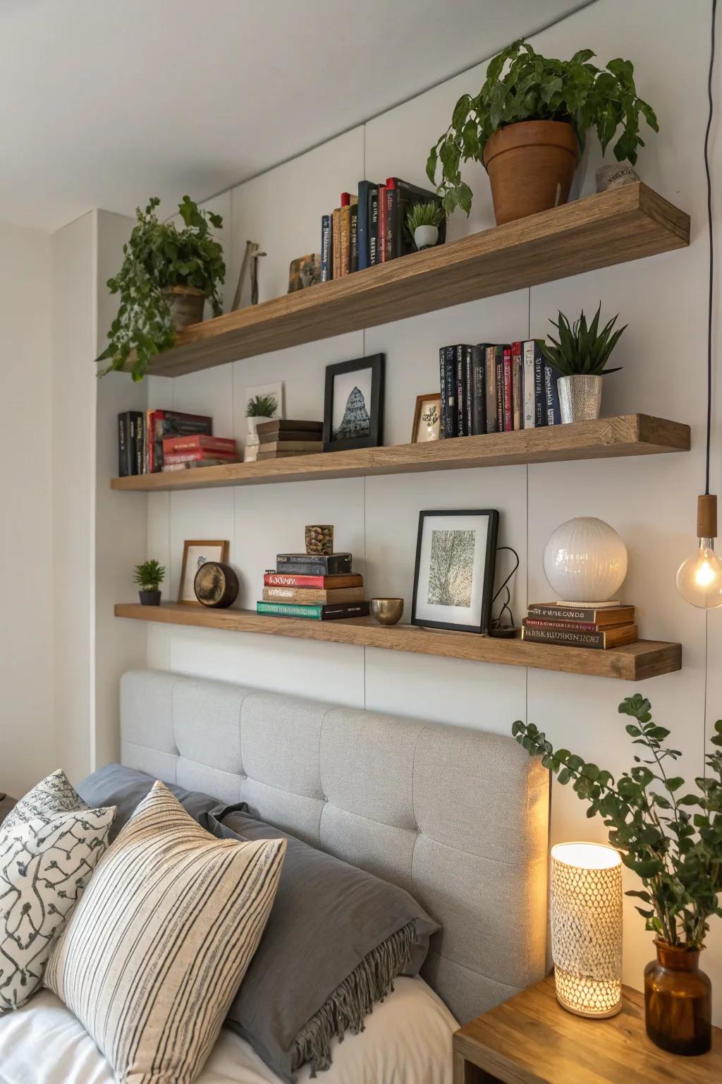 Improve your storage setup with fashionable floating shelves.