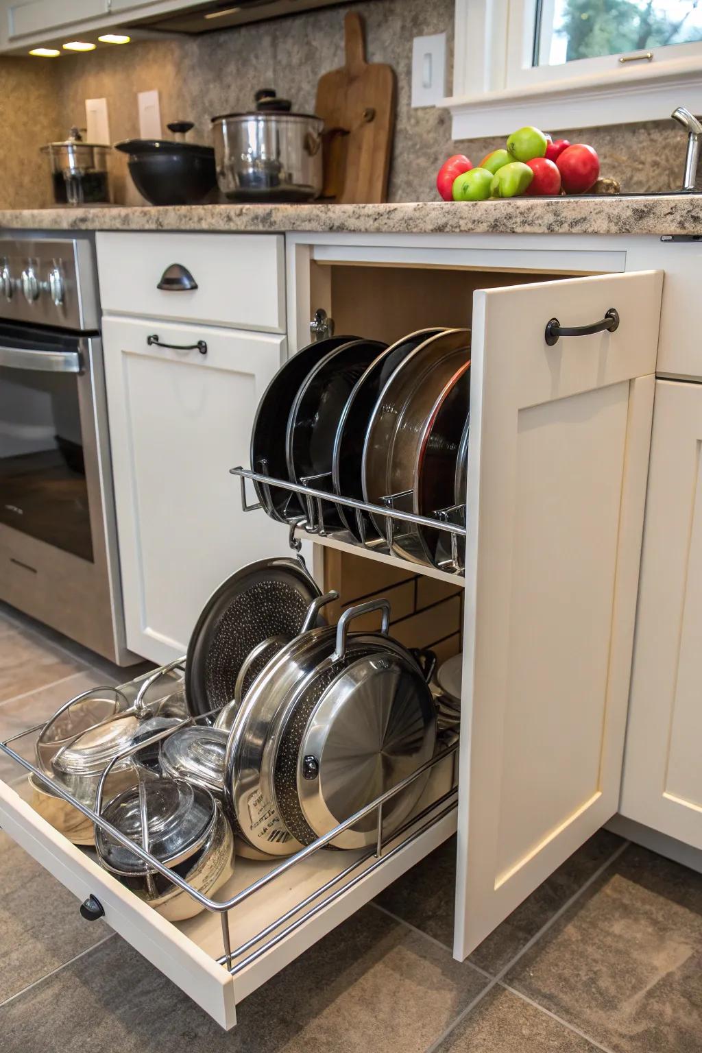 Slide-out arms neatly holding cookware and covers in a cupboard.