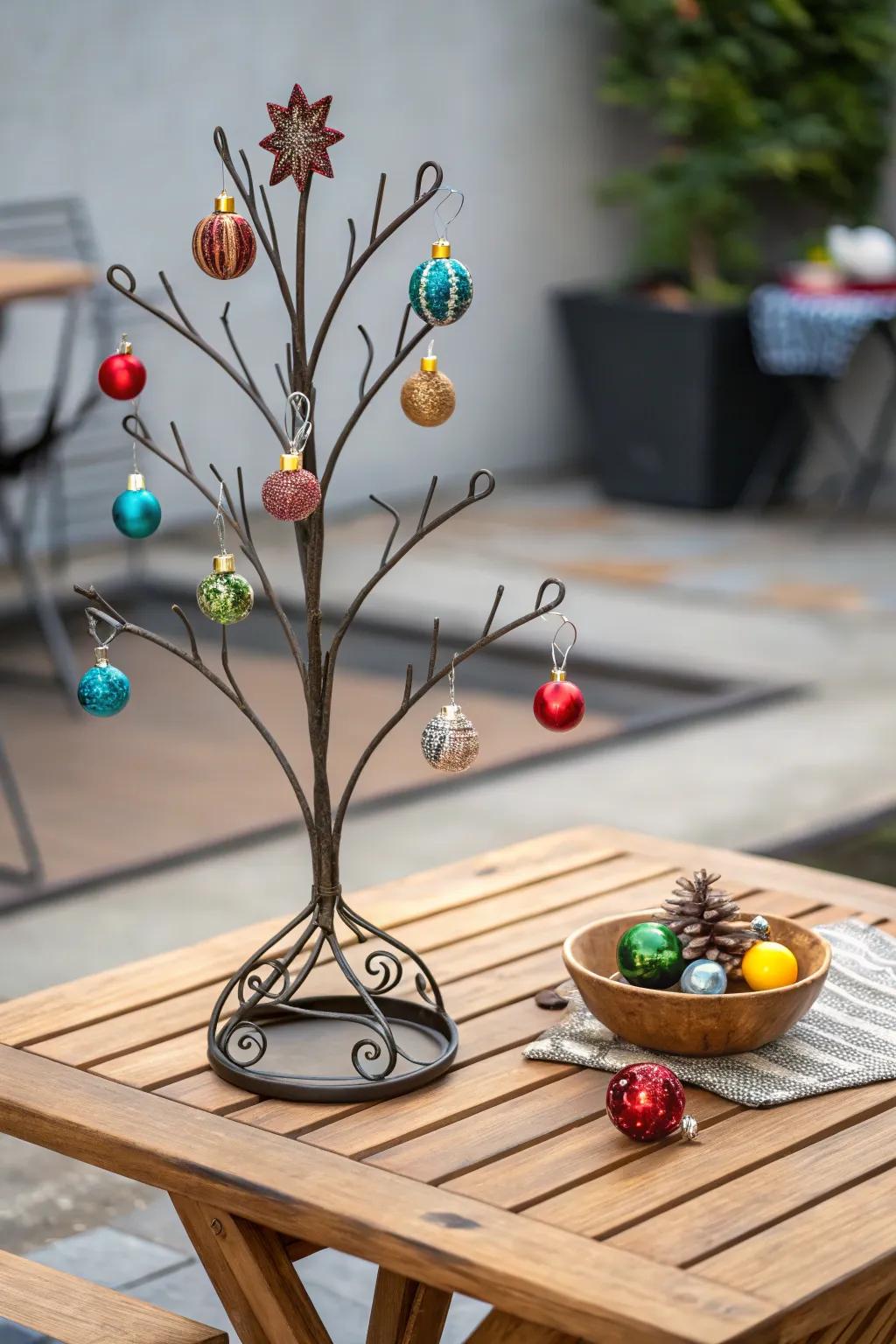 A delightful tabletop arbor arrangement featuring vibrant ornaments.